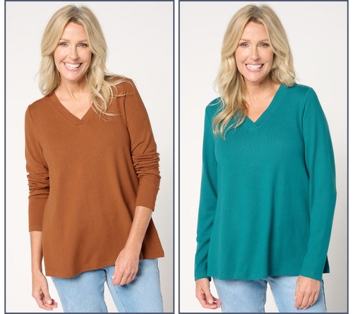 Denim & Co. Essentials Heavenly Jersey 2er Pack Swing Tops Camel/Dk Green 1X Neu
