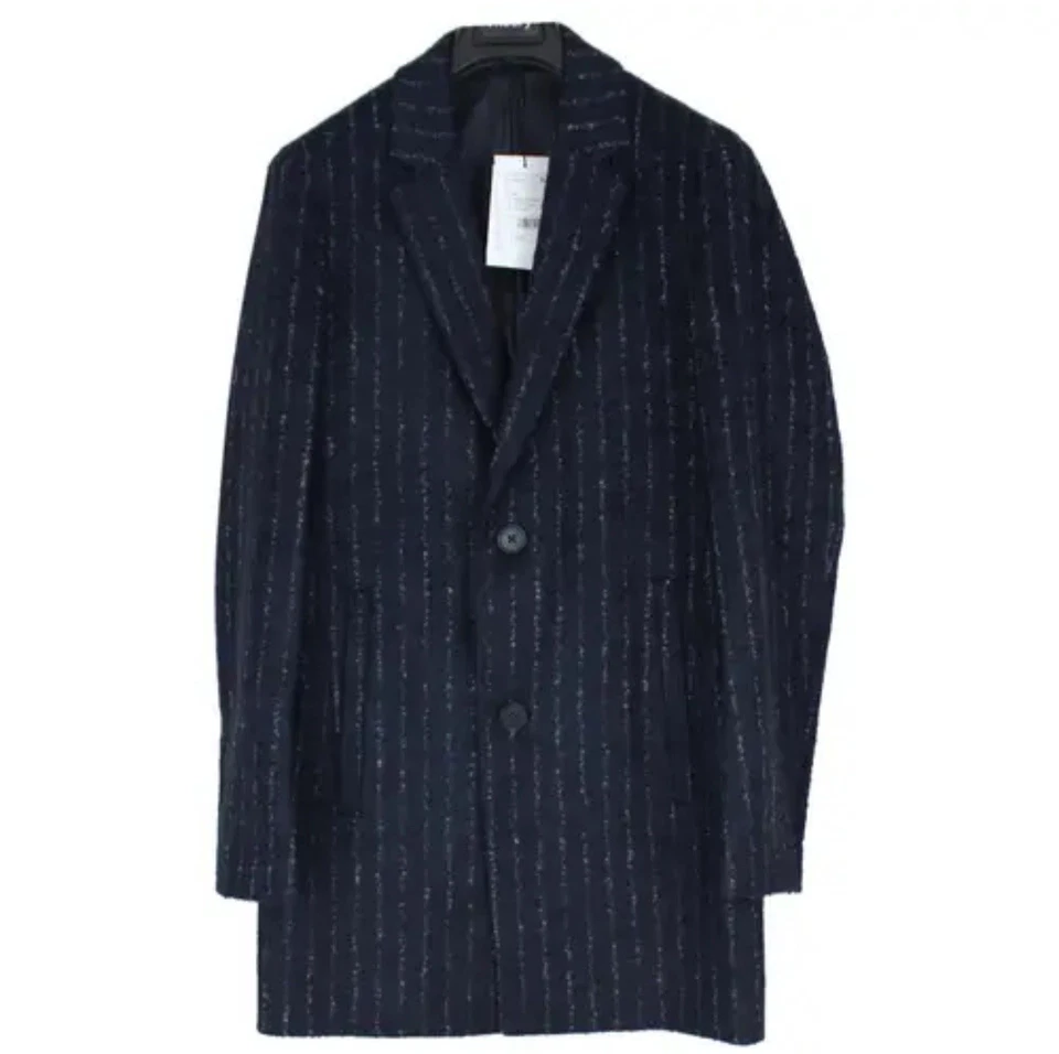 Theory Eclipse Melange Chalk Stripe Blue Overcoat Alpaca Blend Sz XL New $895 - Image 2 of 4