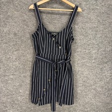 Lulus Mini Dress Women L Large Blue Striped Short V-Neck Sleeveless Button Linen