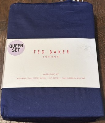 New Ted Baker London QUEEN Sheet Set 400 Th Cotton Sateen Navy Blue