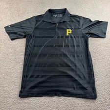Antigua Polo Shirt Mens M Black Pittsburgh Pirates MLB Striped Golf Performance