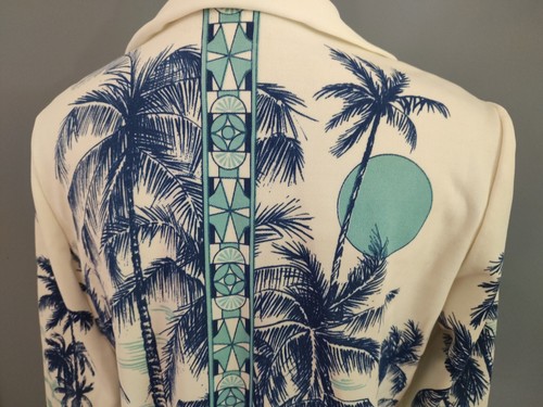 70s Vintage Shirt Accent Palm Tree Beach Topical Sunset Poly Point Collar Sz 36 - Picture 12 of 12