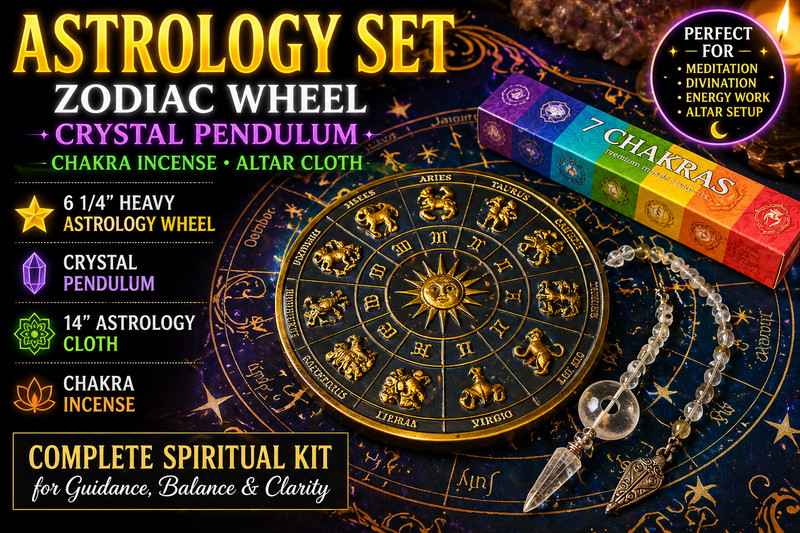 Astrology Divination Set Zodiac Wheel Crystal Pendulum Cloth Chakra Incense Kit