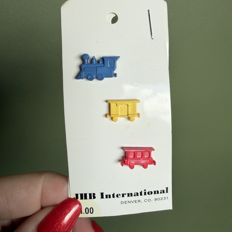 Vintage Train Buttons JHB International Shank Red Yellow Blue Locomotive Cars