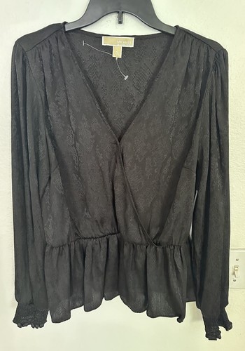 Camicetta donna Michael Kors stampa jacquard finto avvolgente peplo manica lunga top XL - Foto 2 di 11