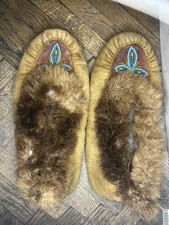 Handmade Fur Lined Beaded Leather Moccasins With Beaver Around Top