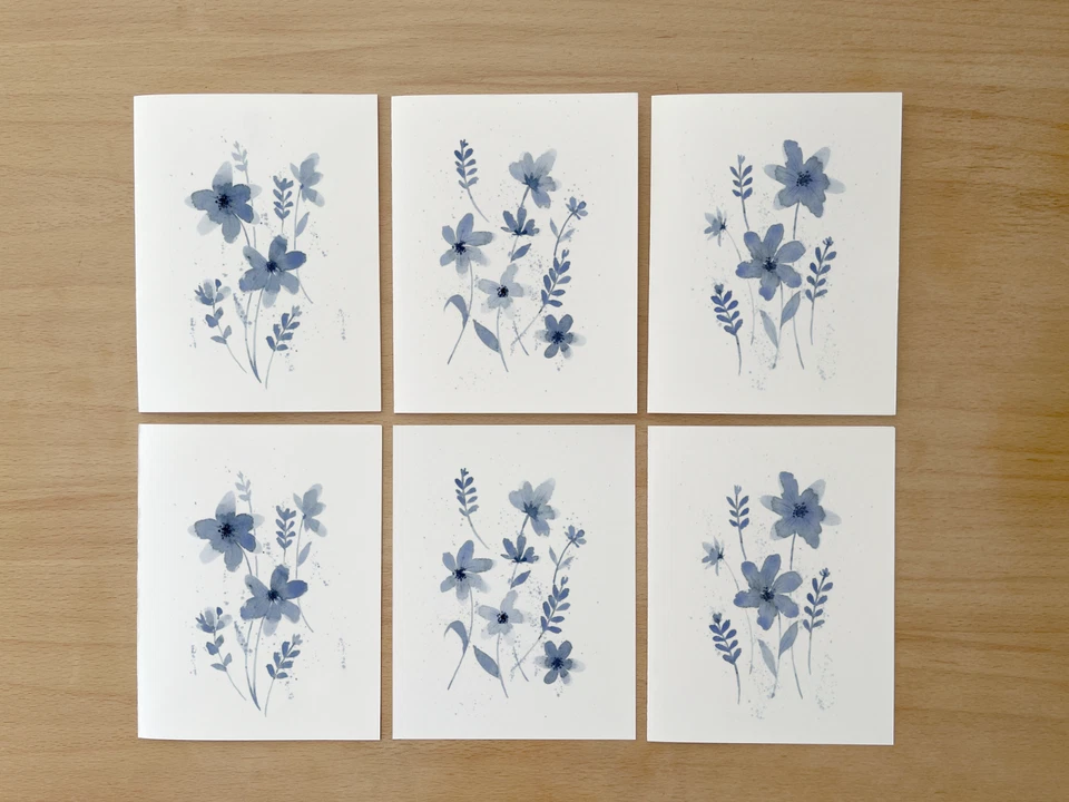 Juego de 6 tarjetas de notas en blanco con sobres, ilustración de acuarela floral azul A2 Foto 2 de 4