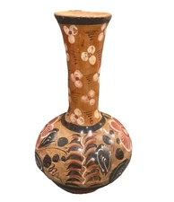 Vintage Tonala Mexican folk art vase signed flowers 10 Inches