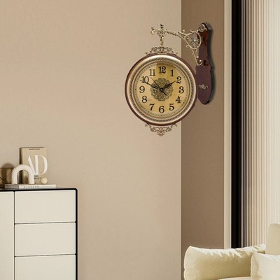 12'' Double-sided Wall Clock Brown Antique Style Railway Station Wall Home Decor