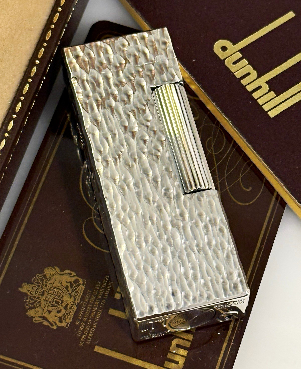 Vintage Dunhill Rollagas Lighter Silver Plated Hammered Pattern W/ Box & Papers