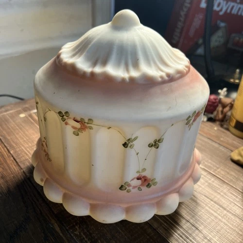 Antique Hand Painted Milk Glass Ceiling Lamp Shade ~ White & Pink with Roses
