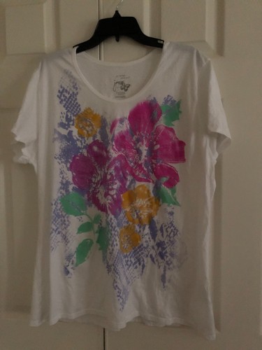 JMS Plus Size 2X White Floral Pink Yellow Green Lilac Top Blouse Women - Picture 6 of 12
