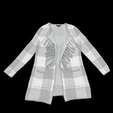 Adrienne Vittadini Open Long Cardigan Sweater Gray White Womens L