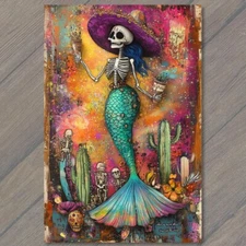 Art Print Mermaid Skeleton Vibrant Flowers Full Moon Fantasy Colorful Skull