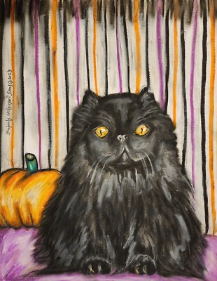 BLACK CAT Halloween Persian 5x7 Art Print Decor Direct from Artist