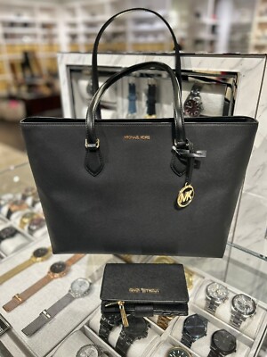 bMichael Kors Sheila Large Black Tote Handbag Purse Laptop Bag +  Bifold Wallet