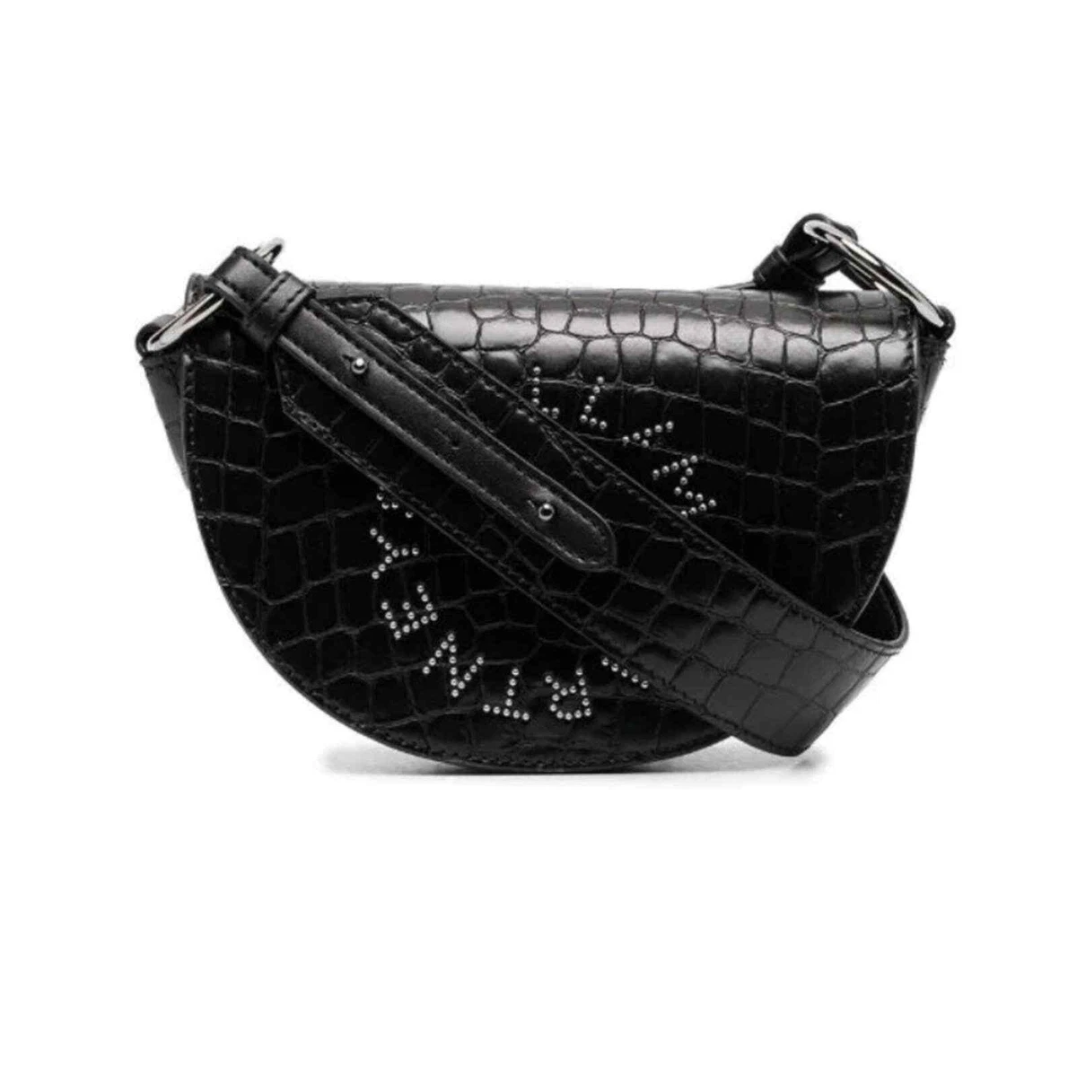 Stella McCartney Studded Logo Saddle Half Moon Croc Embossed Black Shoulder Bag