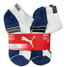 PUMA Boy's Low Cut 6-Pack White w/Blue and Orange Socks - Sock Size: 7-8.5 - NWT