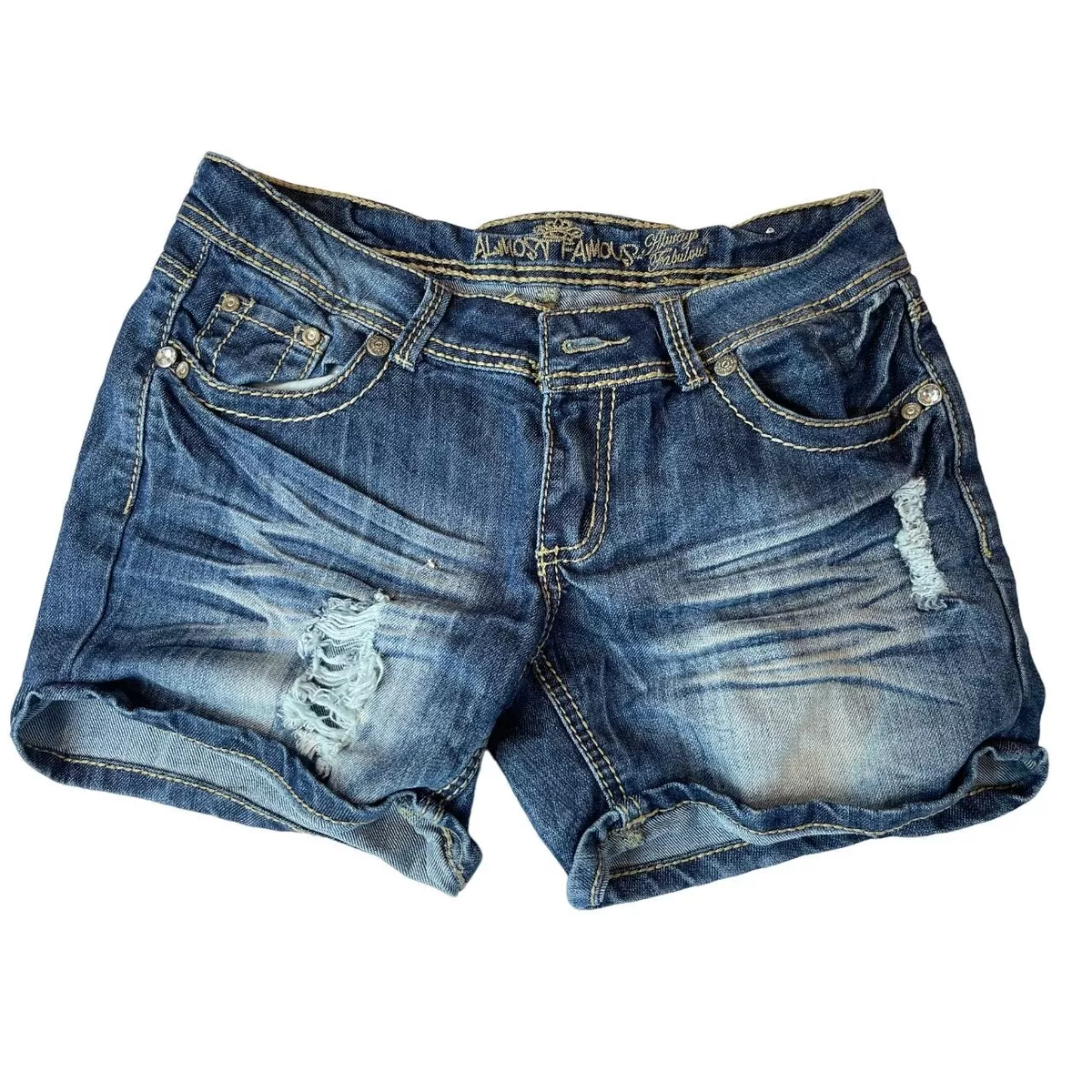 Almost Famous Womens Denim Jeans Shorts Stretch Distressed Low Rise Blue Size 5
