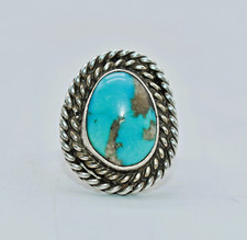 Turquoise Sterling Silver Double Rope Border Southwestern Ring Size 5-3/4