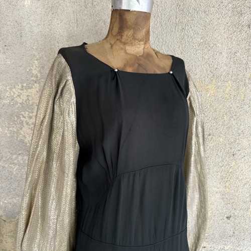 Vintage 1930s Black Silk Dress Silver Lamé Balloon Sleeves Metal Bead Accents - Picture 3 of 24