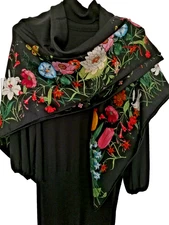51"x51"Black Colorful Flowers Print 70%Wool30%Silk Thin Scarf Shawl 130x130cm567
