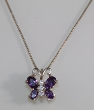 Sterling silver butterfly pendant on chain necklace purple rhinestones