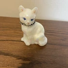 Fenton White Opal Iridescent Cat Figurine Rhinestone Necklace Signed P. Fieak