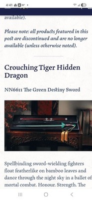 Noble collection sword crouching tiger hidden dragon NN6611  NIB very rare item