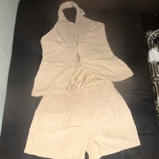 Beige Sleeveless Solid 2 Piece Set for Women with Halter Top Shorts