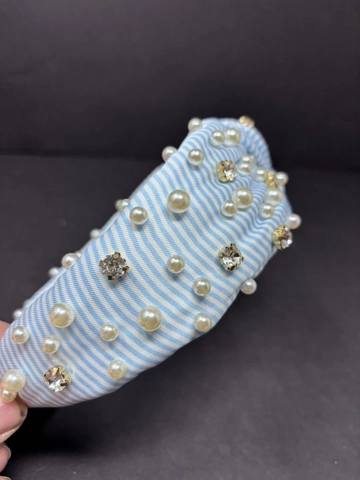 Diadema Lilly Pulitzer Cristal y Perla Adornada Azul Blanco Rayas Foto 2 de 4