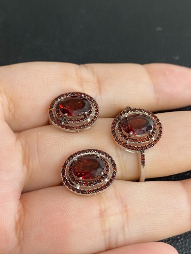 NATURAL GARNET 6X8 GARNET DIAMOND CUT STERLING SILVER 925 RING EARRING - 第 3/13 張圖片