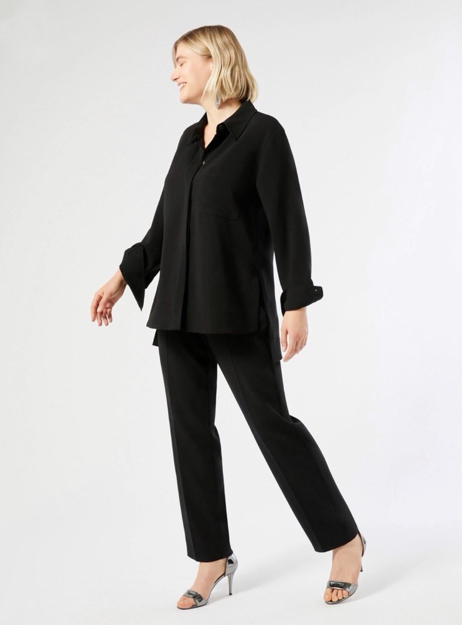 300£ RRP Marina Rinaldi Triacetate Cady Tunic Pocket Shirt Deep Black Size 12 US