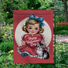 Happy Valentine's Day Garden Flag Vintage Girl Kitten Heart Outdoor Yard Decor