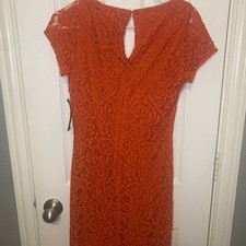 New York & Co Dress 4 Orange Floral Lace Sheath Short Sleeve Scoop Neck Cocktail