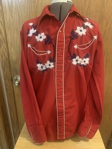 Vintage Tem Tex Western Shirt-Mens Small-Red Shirt With White & Blue Embroidery