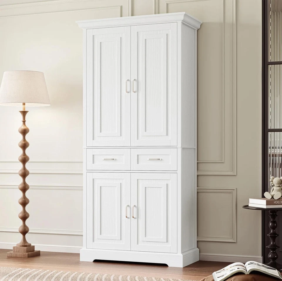 Armario despensa ModeTall blanco armario de almacenamiento 5 estantes 2 cajones organizador MDF Foto 4 de 4