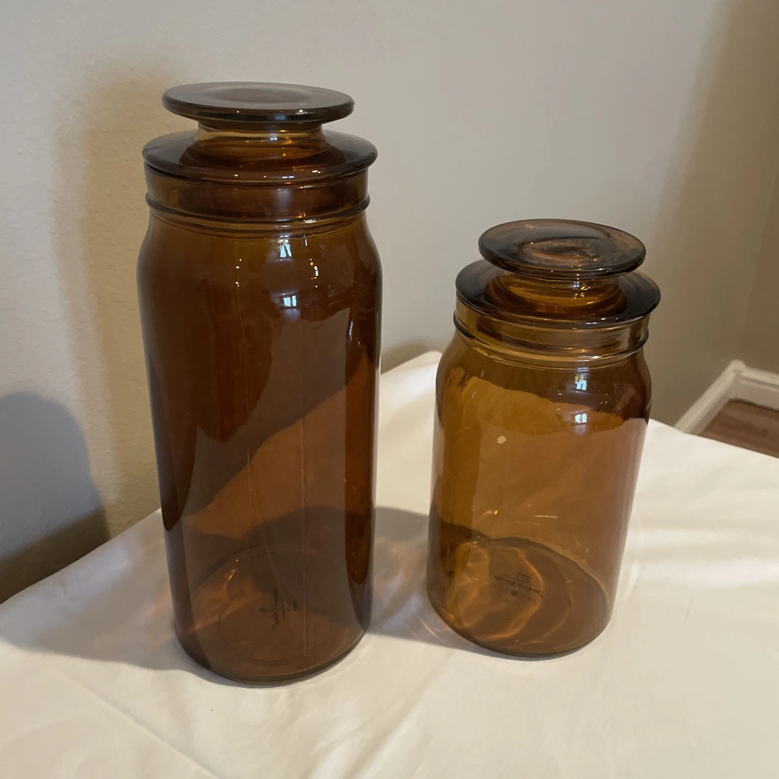 TWO Vintage Magnolia Hearth & Hand 10.5" & 8” Amber Glass Apothecary Jars