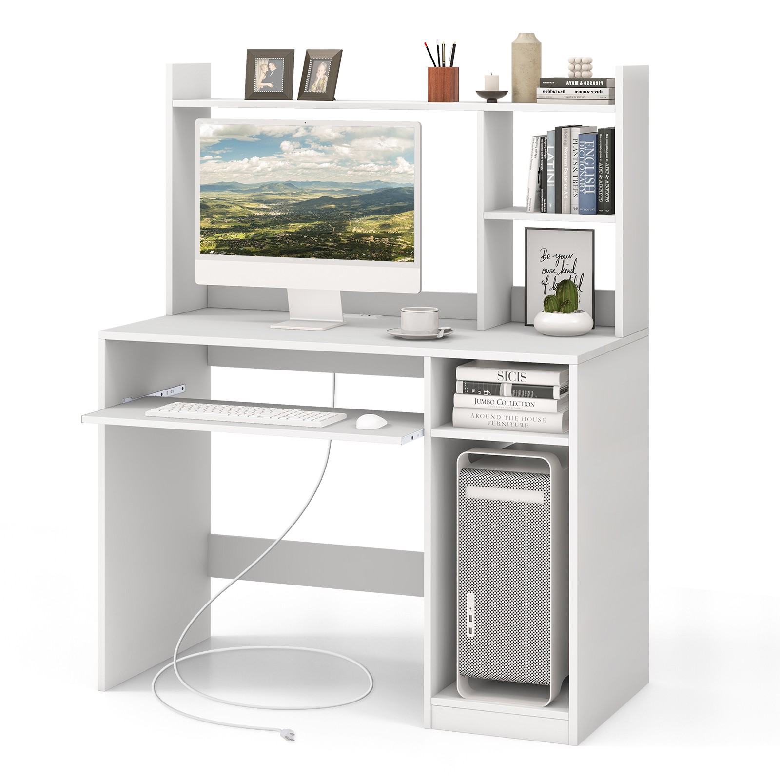 Computer Desk Study Bookcase Workstation with Charging Station Hutch & CPU Stand-image