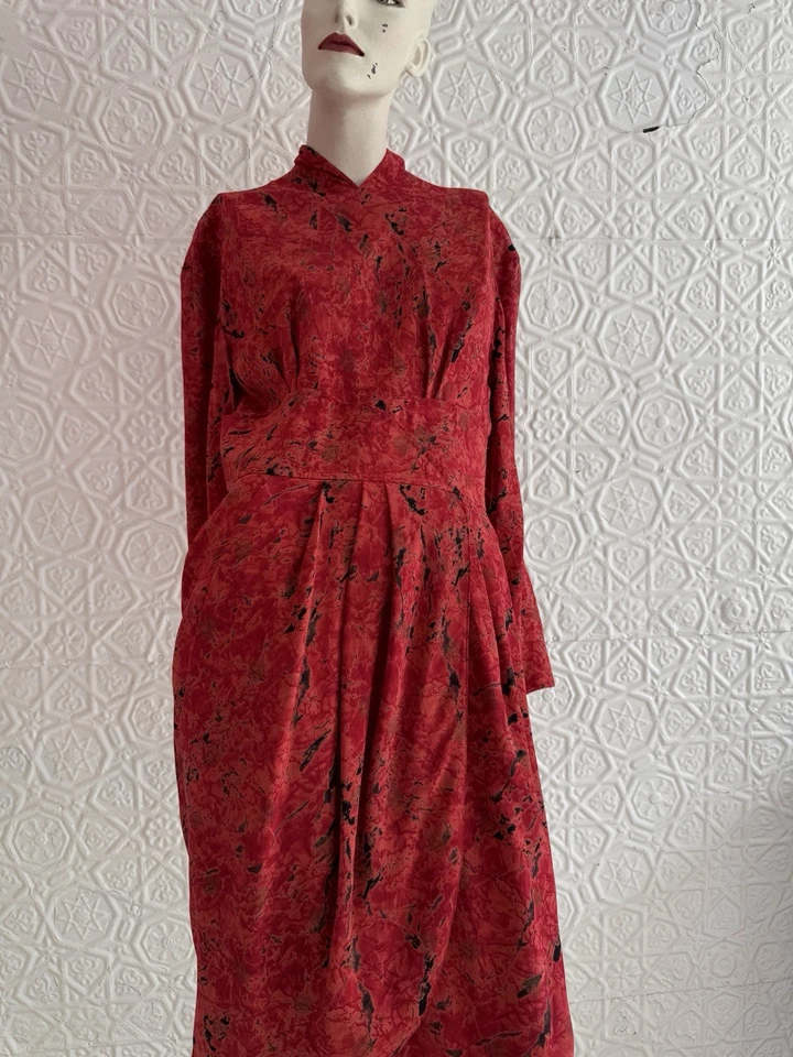 Vestido Ungaro Vintage Años 80-Rojo Estampado Abstracto-Mini-Midi-Vestido-Glam-Diseñador-M Foto 3 de 4