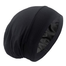 Silk Satin Lined Bonnet Sleep Cap - Adjustable Stay on One Size, Solid Black