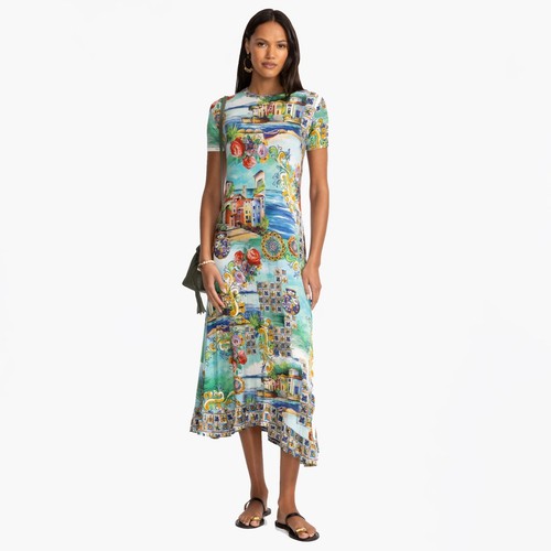 Johnny Was Janie Christy Asymmetric Hem Short Sleeve Dress Floral Green Blue NEW - Picture 4 of 10