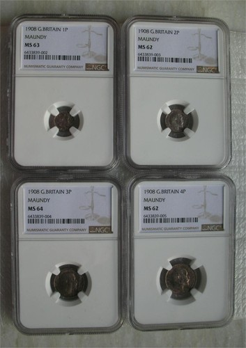 Wielka Brytania UK 1908 Edward VII Maundy Set NGC MS62-MS64