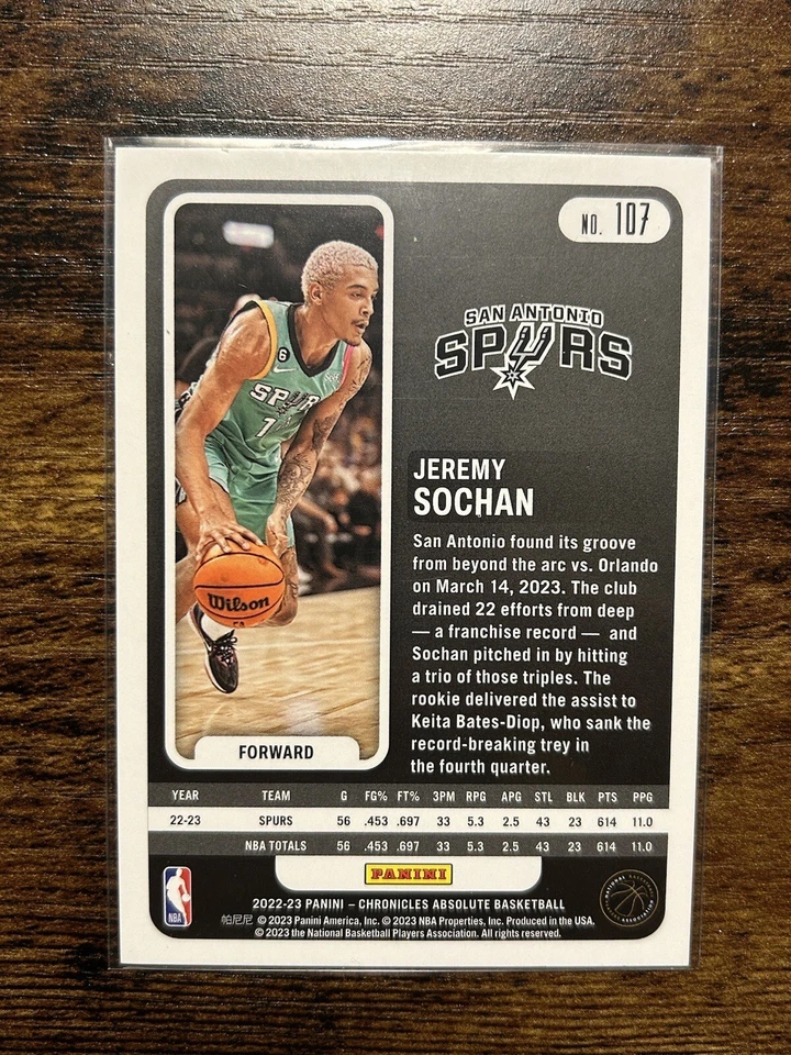 2022 JEREMY SOCHAN Panini Chronicles Absolute Green /18 Rookie RC Spurs - Image 2 of 2