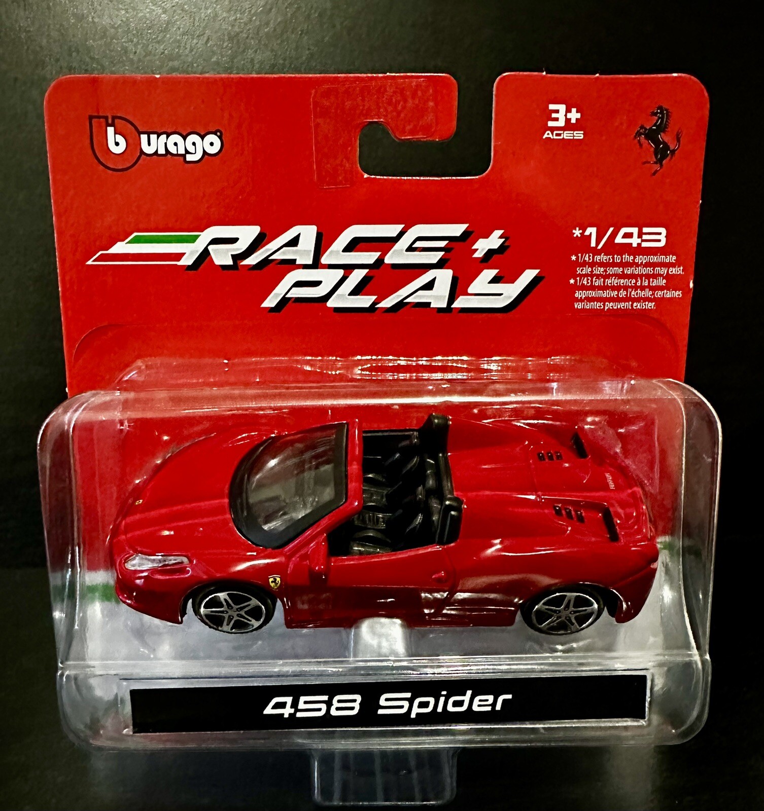New Bburago Race+Play Red Ferrari 458 Spider 1:43 Scale Model Car, Unopened Collectible, Perfect for Racing Enthusiasts
