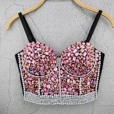 Lady Colorful Rhinestone Pearl Corset Bustier Bra Crop Push Up Bralette Tank Top