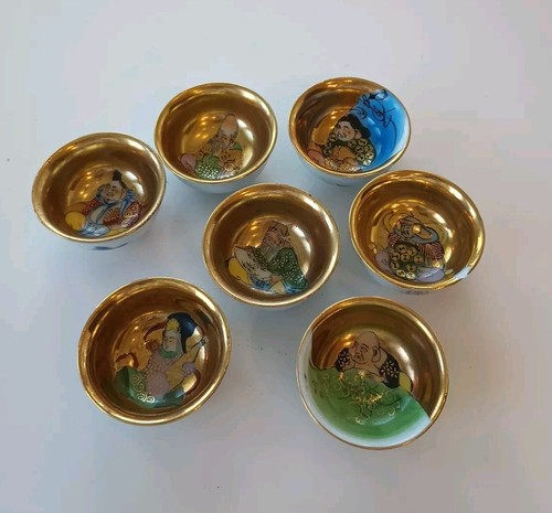 VTG SET OF 7 SUMO WISEMEN SAKI CUP, JAPANESE PORCELAIN, READ!
