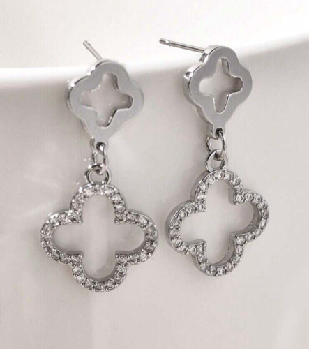 2.00Ct Round Cut Lab-Created Diamond Clover Dangle Earring 14K White Gold Plated - Picture 4 of 7