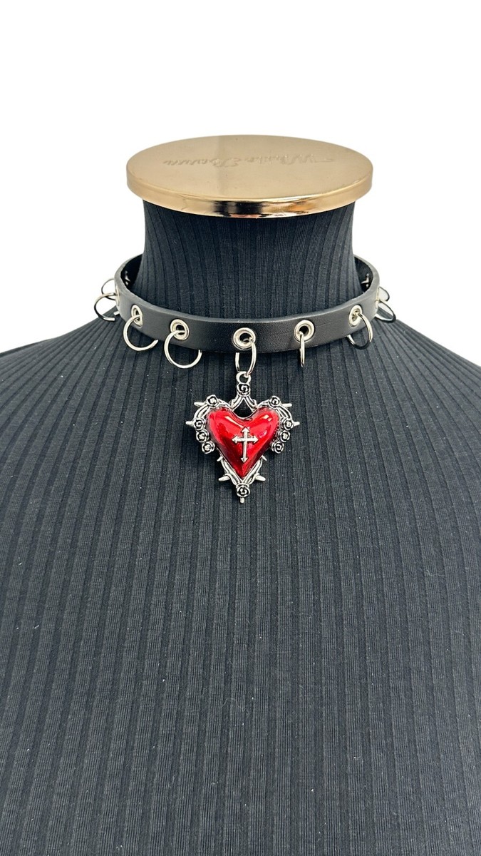 国内で当店のみ 666999 - CyberAcid Heart choker RED Gothic Heart Cross Rose Leather Bondage Punk Goth Alt