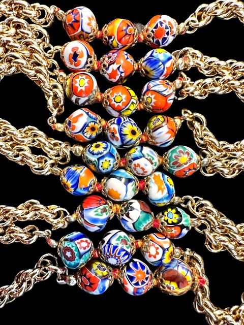 Antique Vtg Venetian Millefiori 27 Glass Beads Gold Tone Finishings Silk Cord Antique Vtg Venetian Millefiori 27 Glass Beads Gold Tone Finishings Silk Cord